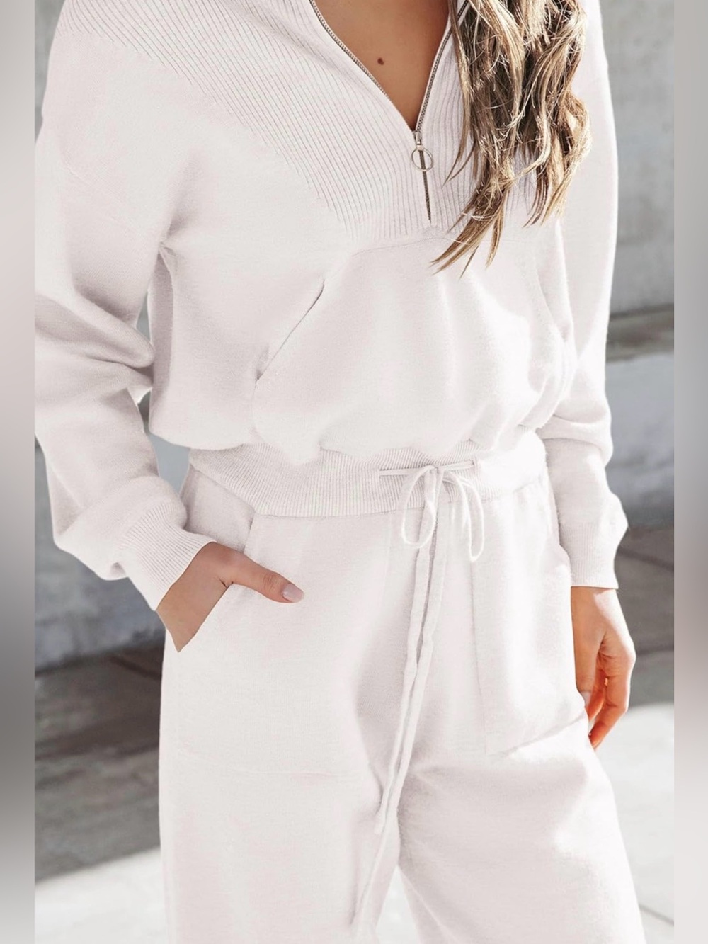 Pretty Garden Cozy Half-Zip Drawstring Sweatshirt & Jogger Set - Soft White - Picture 2 of 4